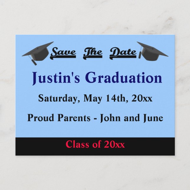 Graduation Save The Date Card Modern Blue (Front)