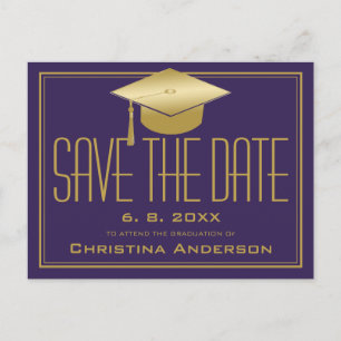 Graduation Save the Date Chic Purple Gold Grad Cap Announcement Postcard