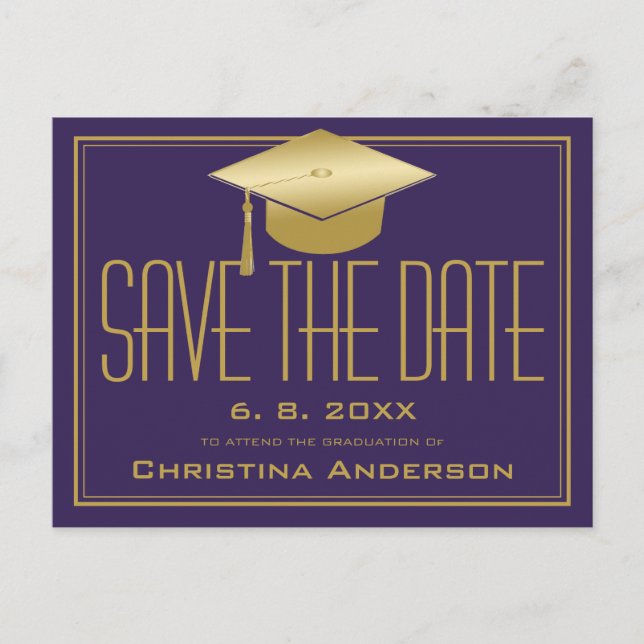 Graduation Save the Date Chic Purple Gold Grad Cap Announcement Postcard (Front)