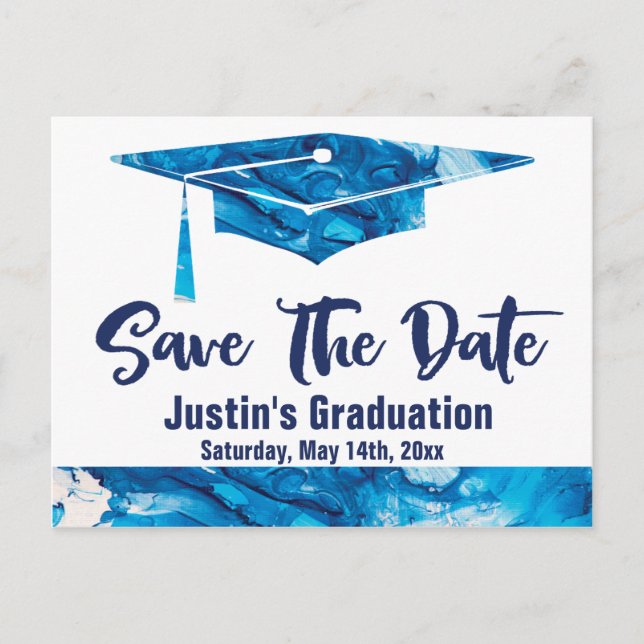 Graduation Save The Date Elegant Blue Marble Postcard (Front)