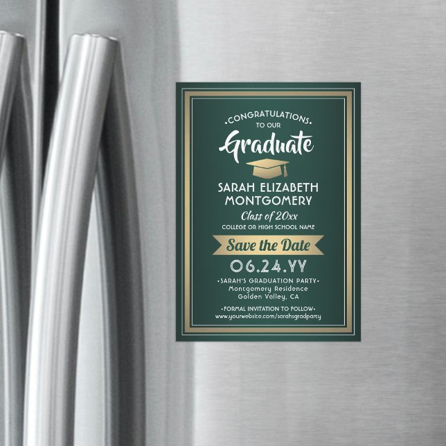 Graduation Save the Date Elegant Green White Gold Magnetic Invitation (Creator Uploaded)