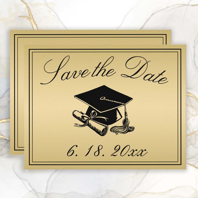 Graduation Save the Date Gold Black Cap Diploma Announcement (Gold Save the Date Graduation Announcement )