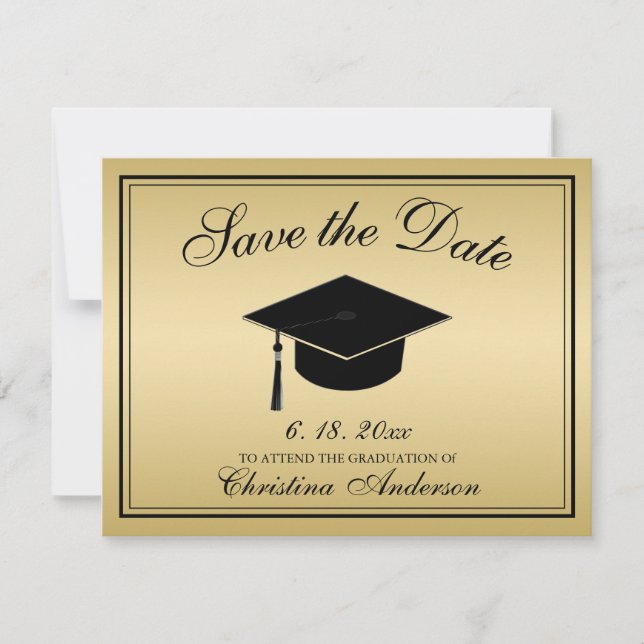 Graduation Save the Date Gold Black Script Cap Announcement (Front)