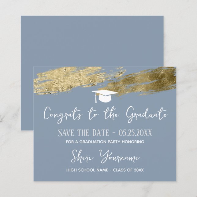 Graduation Save the date Gold Dusty Blue  (Front/Back)