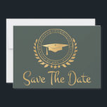 Graduation Save The Date Gold Emblem Grad Cap<br><div class="desc">I enjoy designing art work for graduations. This is modern simple and elegant classic gold and green coloured Save the Date announcement card. Modern style text. Add your own message on the back of the cards giving details to your family and friends to save the date for a graduation ceremony,...</div>