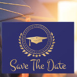 Graduation Save The Date Gold Grad Cap Blue<br><div class="desc">I enjoy designing art work for graduations. This is modern simple and elegant classic gold and blue coloured Save the Date announcement card. Modern style text. Add your own message on the back of the cards giving details to your family and friends to save the date for a graduation ceremony,...</div>