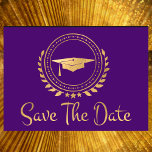 Graduation Save The Date Gold Grad Cap Purple<br><div class="desc">I enjoy designing art work for graduations. This is modern simple and elegant classic gold and red coloured Save the Date announcement card. Modern style text. Add your own message on the back of the cards giving details to your family and friends to save the date for a graduation ceremony,...</div>