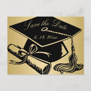 Graduation Save the Date Gold w/ Grad Cap Diploma Announcement Postcard