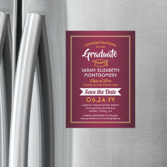 Graduation Save the Date Maroon Red & Gold Yellow Magnetic Invitation (Creator Uploaded)