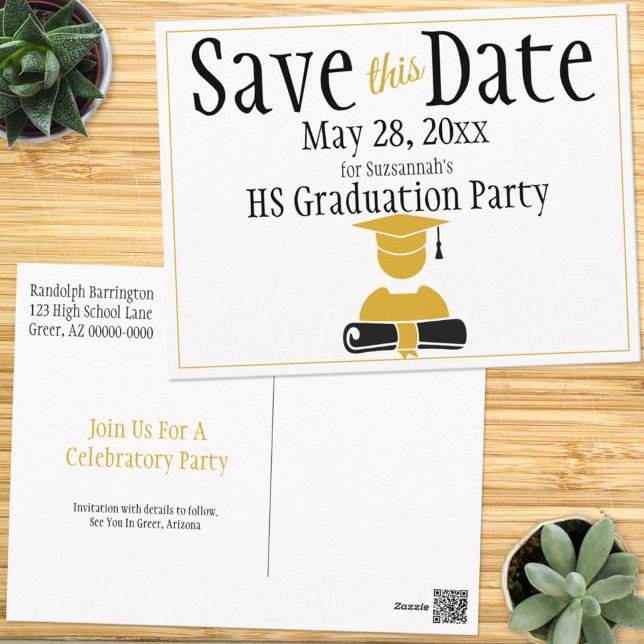 Graduation Save The Date Minimalist Black Gold Postcard (Creator Uploaded)
