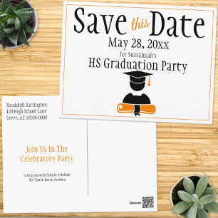 Graduation Save The Date Minimalist Black Orange Postcard