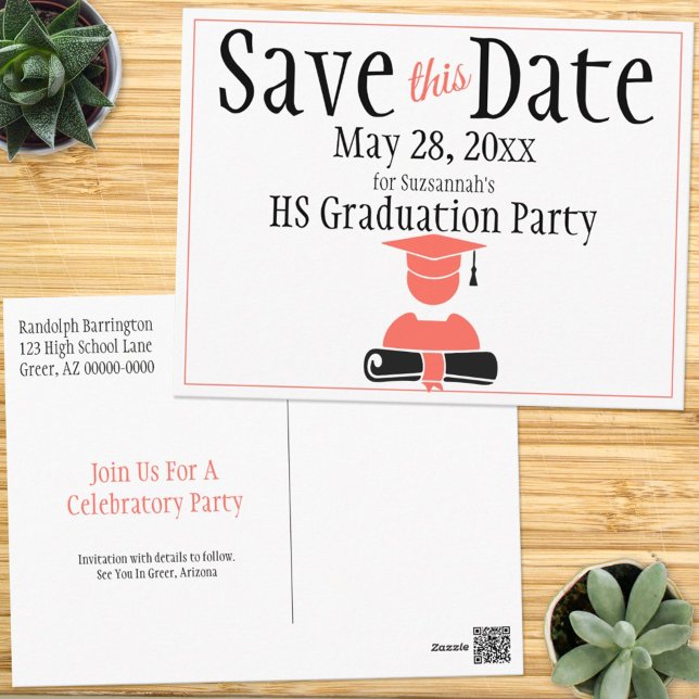 Graduation Save The Date Minimalist Coral Black Postcard (Creator Uploaded)