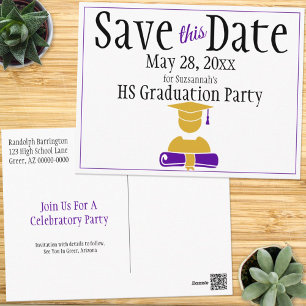Graduation Save The Date Minimalist Gold Purple Postcard