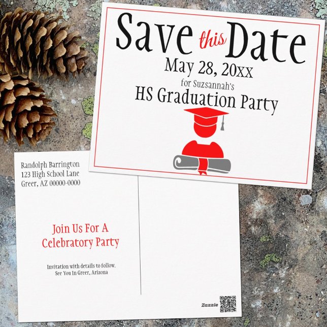 Graduation Save The Date Minimalist Red Gray Postcard (Creator Uploaded)