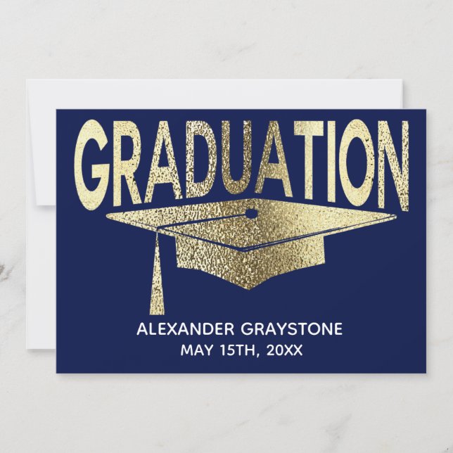 Graduation Save The Date Modern Faux Gold Blue Invitation (Front)