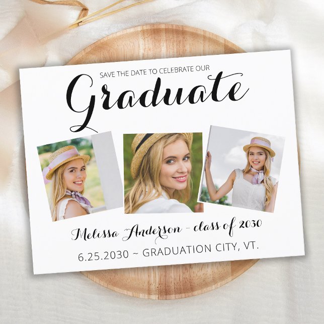 Graduation Save The Date Modern Graduate 3 Photo Invitation Postcard (Creator Uploaded)