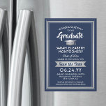 Graduation Save the Date Navy Blue and White Magnetic Invitation<br><div class="desc">Share the joyful news of your upcoming graduation party with these elegant navy blue, white and faux silver save the date magnetic invitations. All text is simple to customise. Magnetic back makes them easy for family and friends to display. Design features silver faux metallic foil, handwritten style script calligraphy, and...</div>