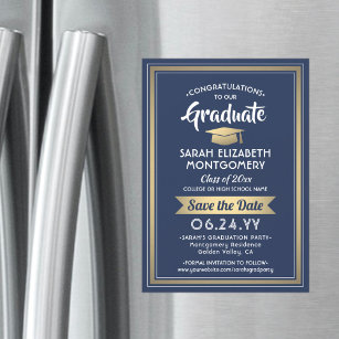 Graduation Save the Date Navy Blue White and Gold Magnetic Invitation