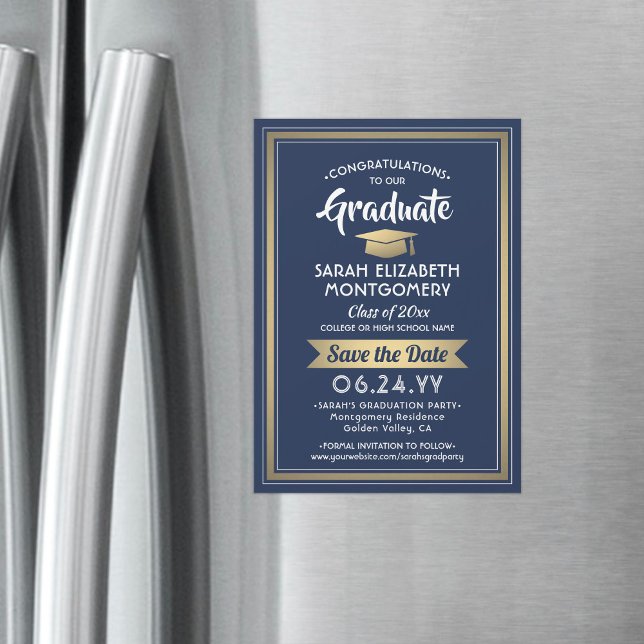 Graduation Save the Date Navy Blue White and Gold Magnetic Invitation (Creator Uploaded)