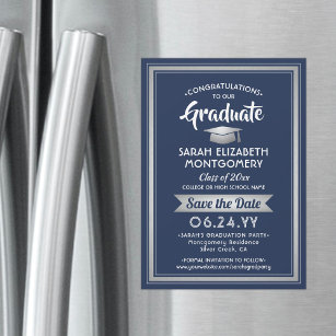 Graduation Save the Date Navy Blue White & Silver Magnetic Invitation