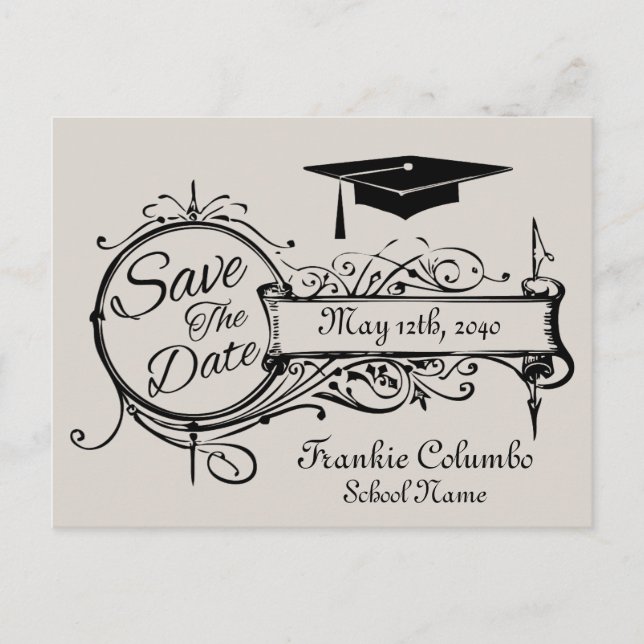 Graduation Save The Date  Postcard Grey Vintage (Front)