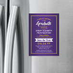 Graduation Save the Date Purple and Gold Yellow Magnetic Invitation<br><div class="desc">Share the joyful news of your upcoming graduation party with these elegant purple, white and yellow gold save the date magnetic invitations. All text is simple to customise. Magnetic back makes them easy for family and friends to display. Design features handwritten style script calligraphy, and modern typography graduate name, class...</div>