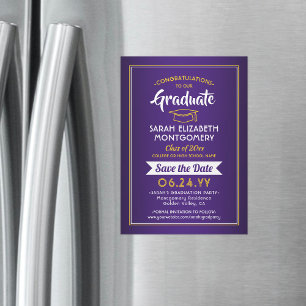 Graduation Save the Date Purple and Gold Yellow Magnetic Invitation