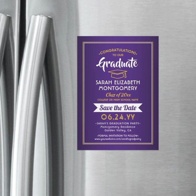 Graduation Save the Date Purple and Gold Yellow Magnetic Invitation (Creator Uploaded)