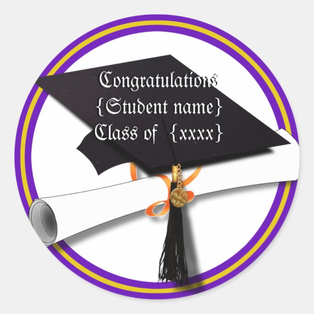 Graduation School Colours Purple and Gold Classic Round Sticker (Front)