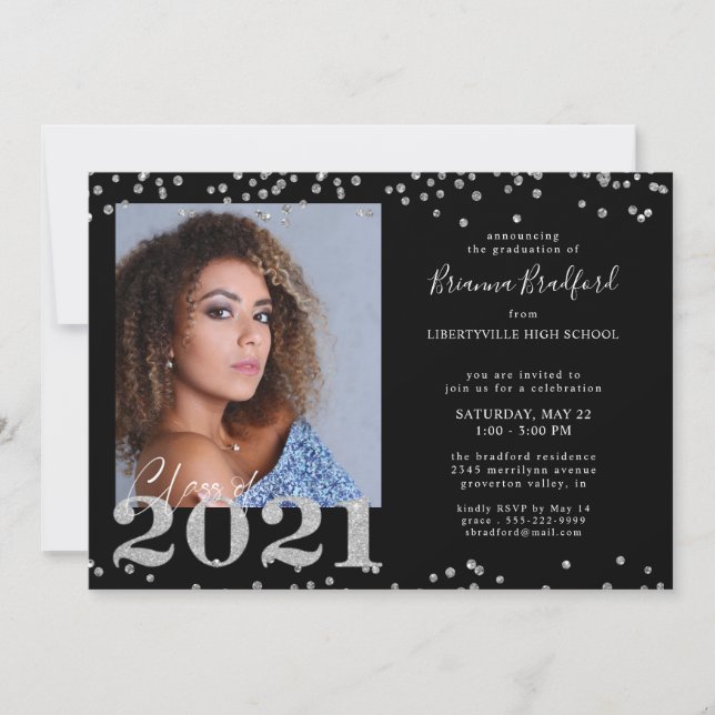 Graduation Script 2021 Silver Glitter Photo Black Invitation (Front)