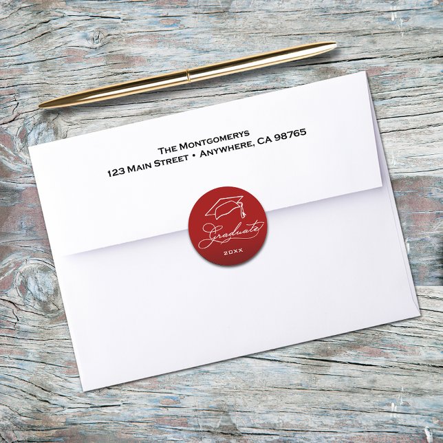 Graduation Script Cardinal Red Envelope Seal (Graduation script and grad hat on cardinal red envelope seals)