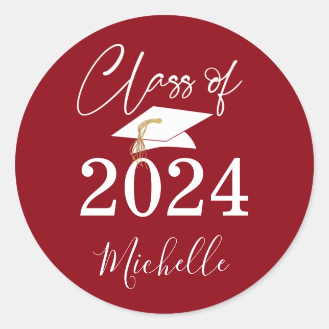 Graduation Script Class of 2024 Red White Classic Round Sticker (Front)