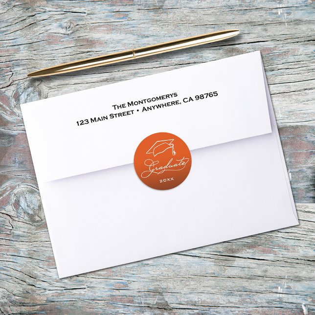Graduation Script Orange Envelope Seal (Graduation script and grad hat on orange envelope seal)