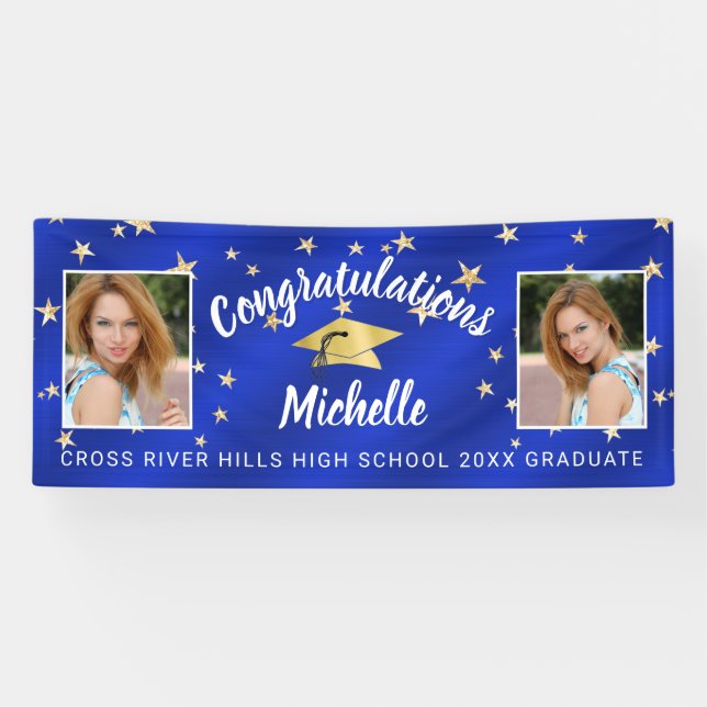 Graduation Script Photo Royal Blue Gold Stars Banner (Horizontal)