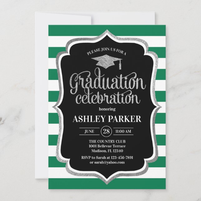 Graduation - Silver Black Green White Stripes Invitation (Front)