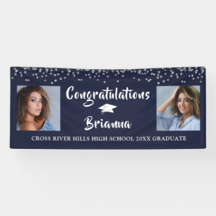 Graduation Silver Confetti Script Photo Navy Blue Banner