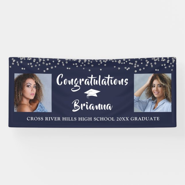 Graduation Silver Confetti Script Photo Navy Blue Banner (Horizontal)