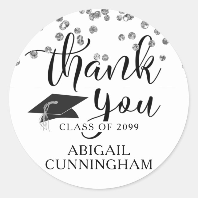 Graduation Silver Confetti Script THANK YOU Classic Round Sticker (Front)