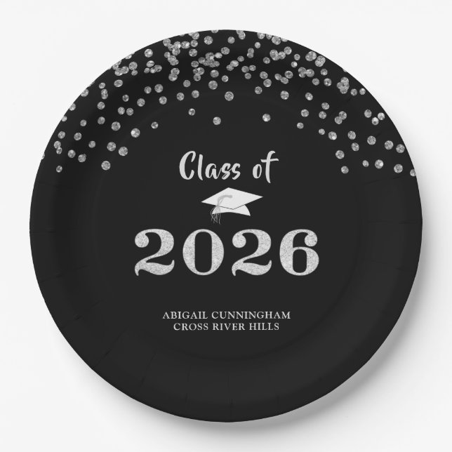 Graduation Silver Glitter CLASS OF 2020 Confetti Paper Plate (Front)