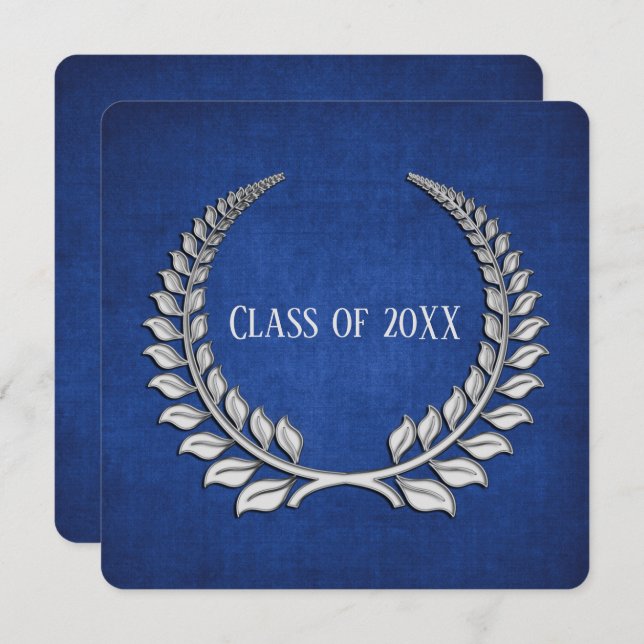 Graduation Silver Laurel on Blue Invitation (Front/Back)