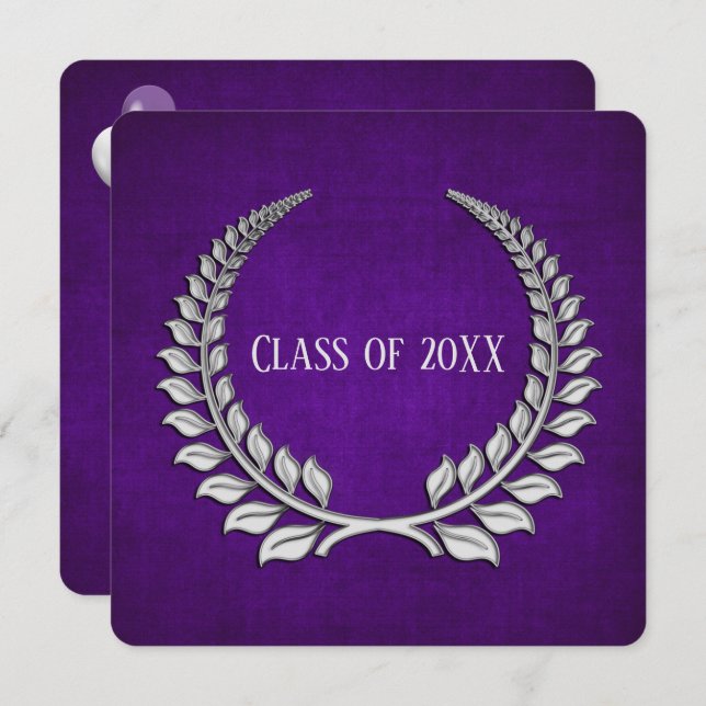 Graduation Silver Laurel on Purple Invitation (Front/Back)