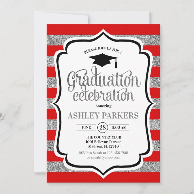 Graduation - Silver Red Stripes Invitation (Front)