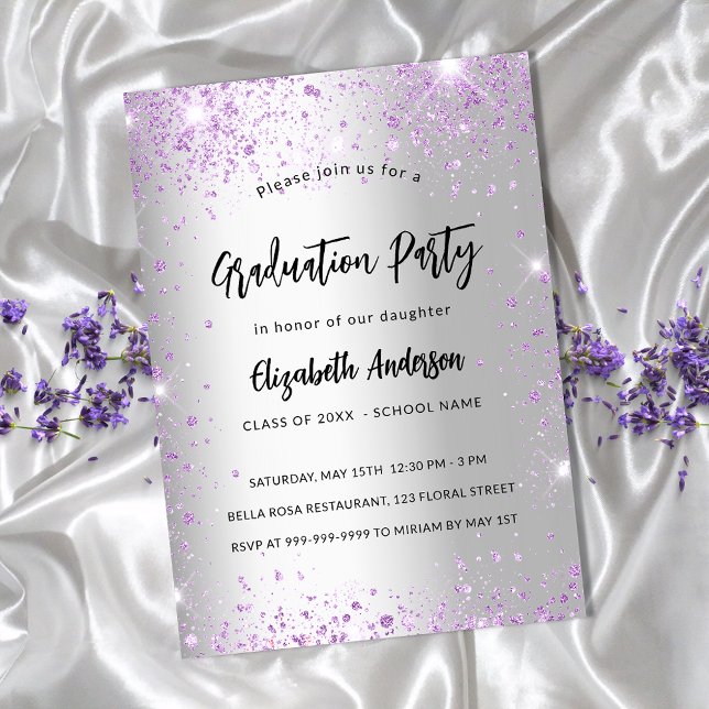 Graduation silver violet purple sparkles luxury invitation (Creator Uploaded)