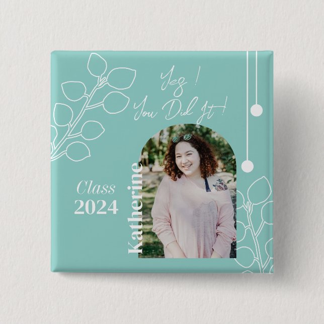 Graduation Simple Foliage Photo Aqua 15 Cm Square Badge (Front)