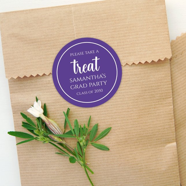 Graduation Simple Minimalist Script Purple Treat  Classic Round Sticker (Creator Uploaded)