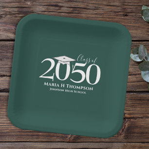 Graduation Simple Modern Minimalist Dark Green Paper Plate