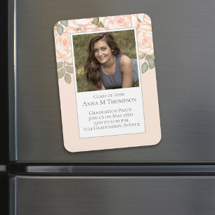 Graduation Simple Photo Floral Rose Peach Coral Magnet