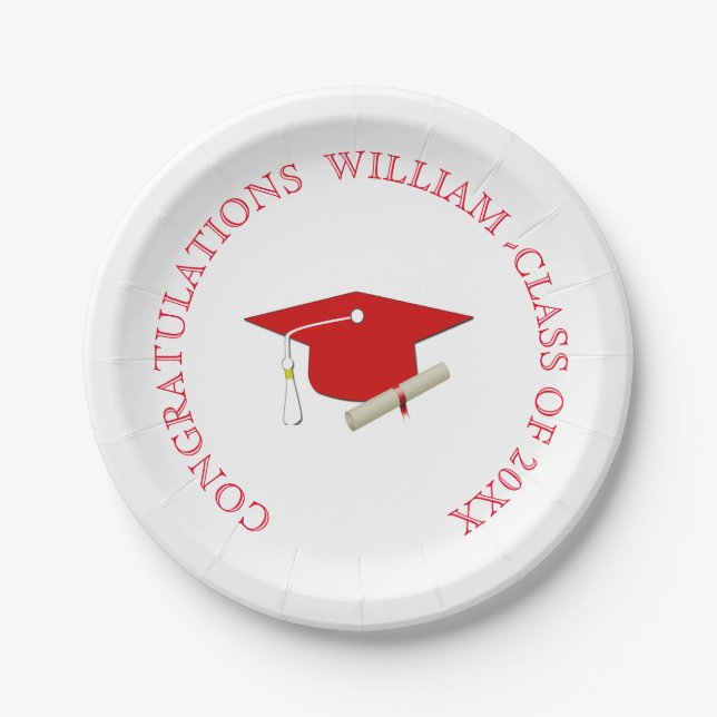Graduation, Simple, Red and White, Mortarboard, Paper Plate (Front)