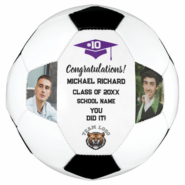 Graduation Soccer Custom Photo & Name Purple Soccer Ball (Front)