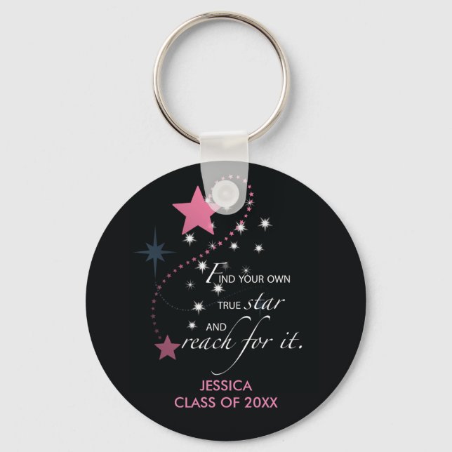 Graduation Star, Pink on Black Key Ring (Front)